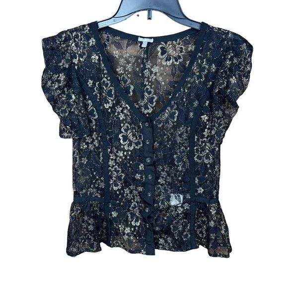 Charlotte Russe Lace Top Sheer Black Mesh Gold Thread Puff Sleeves Medium - Picture 6 of 15